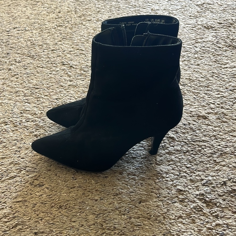 Black Suede Ankle Booties with pointed toe and side zipper